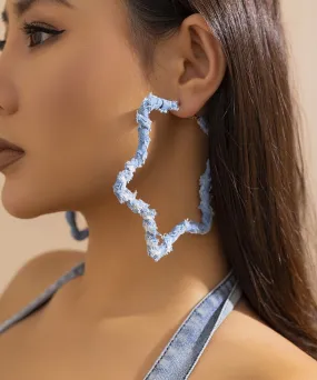 Retro Five Pointed Star Sterling Silver Overgild Denim Print Hoop Earrings ZZ049