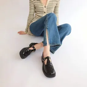 Retro Woven Leather Platform Mary Jane Shoes In White/Black