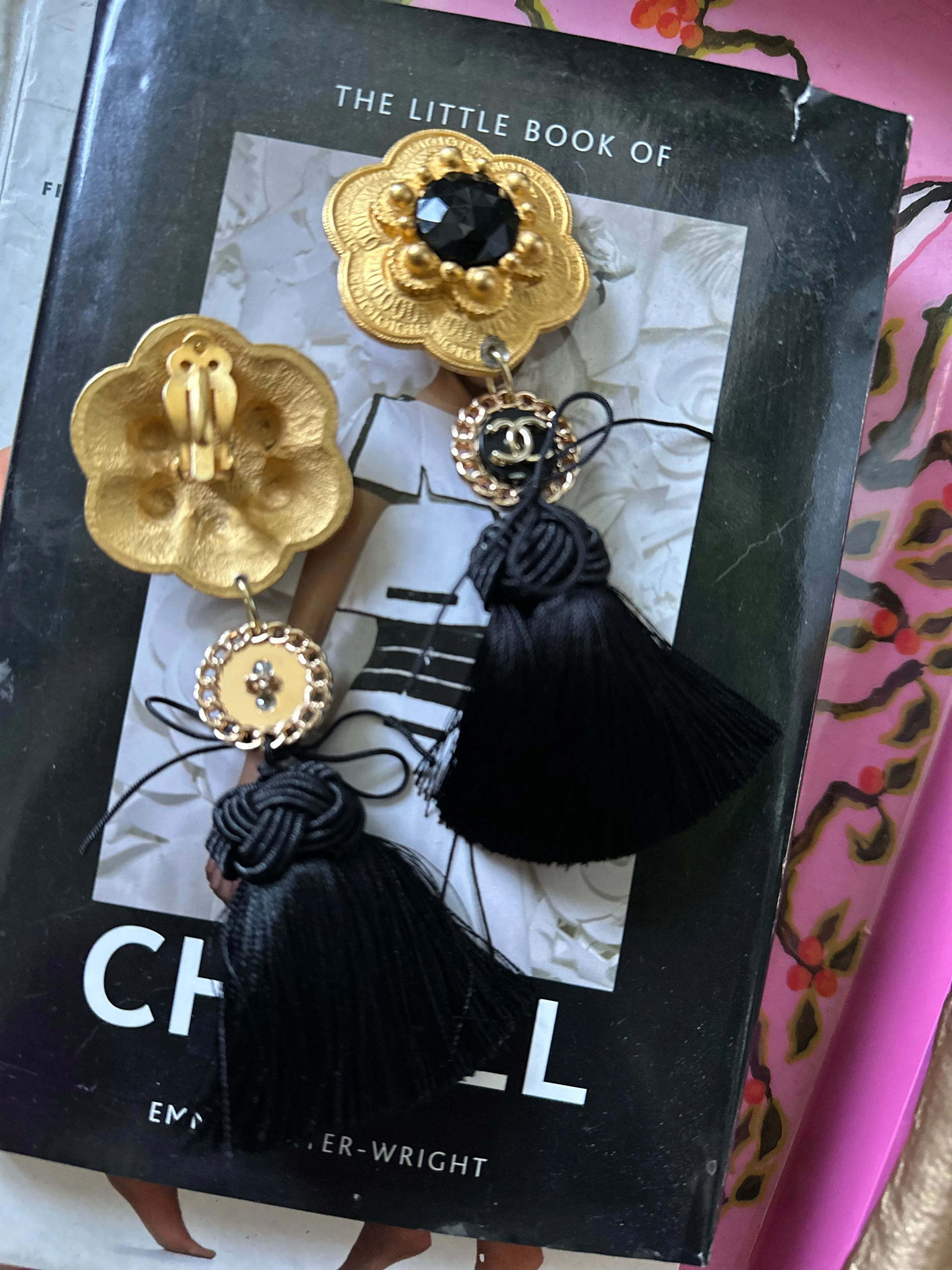 Reworked 80s Gold Tone CC Dangle Tassel Clip Back Earrings