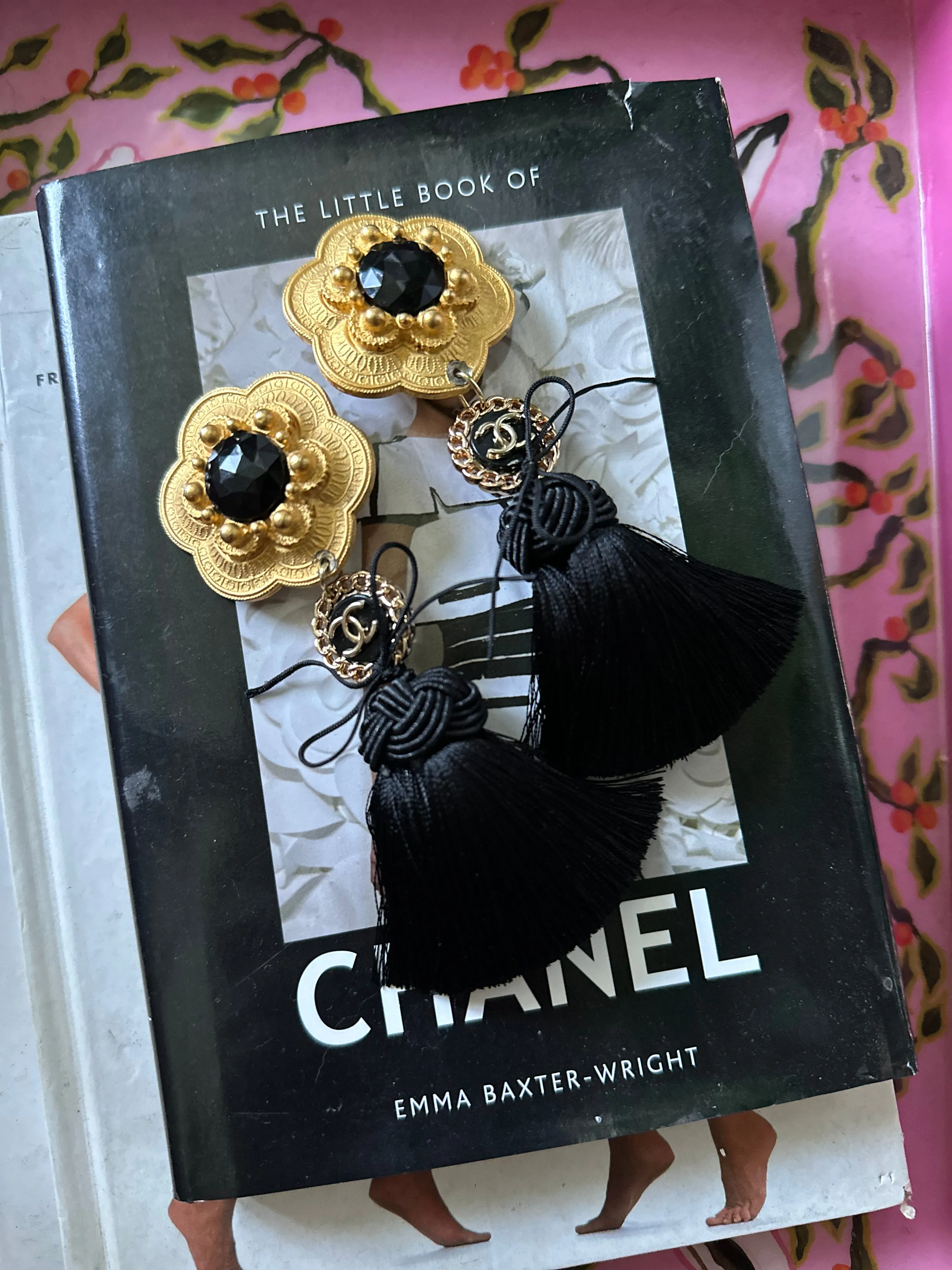 Reworked 80s Gold Tone CC Dangle Tassel Clip Back Earrings