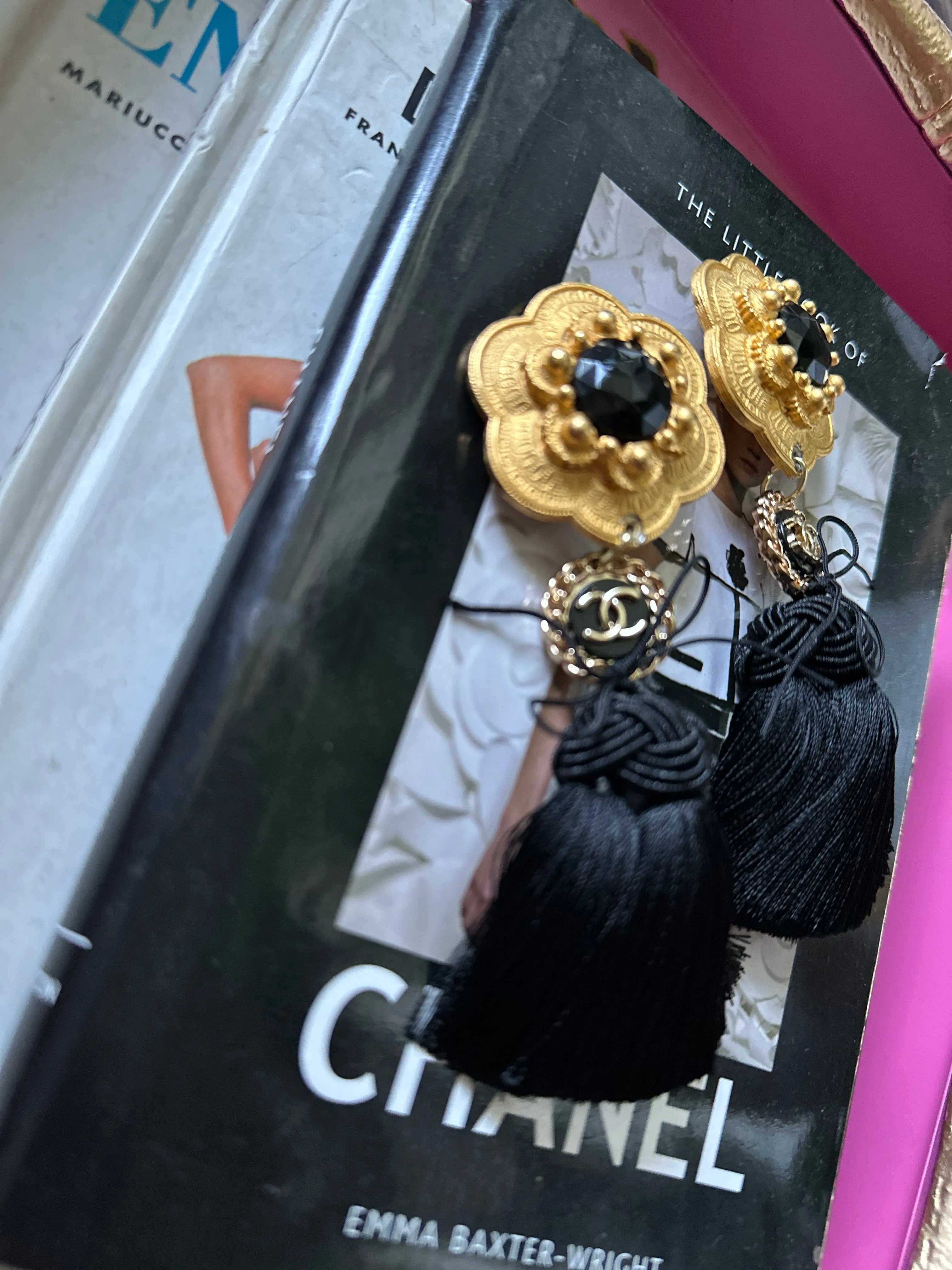 Reworked 80s Gold Tone CC Dangle Tassel Clip Back Earrings
