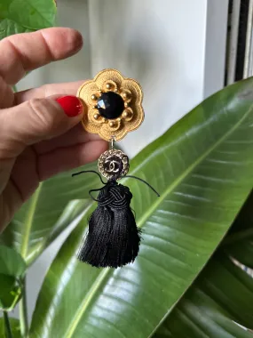 Reworked 80s Gold Tone CC Dangle Tassel Clip Back Earrings