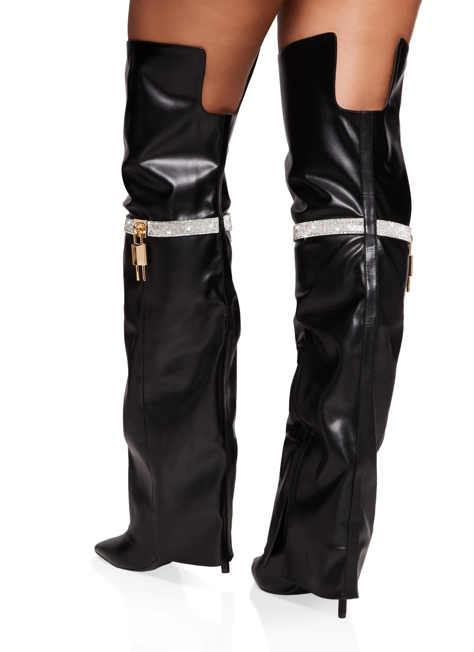 Rhinestone Lock Fold Over the Knee Boots