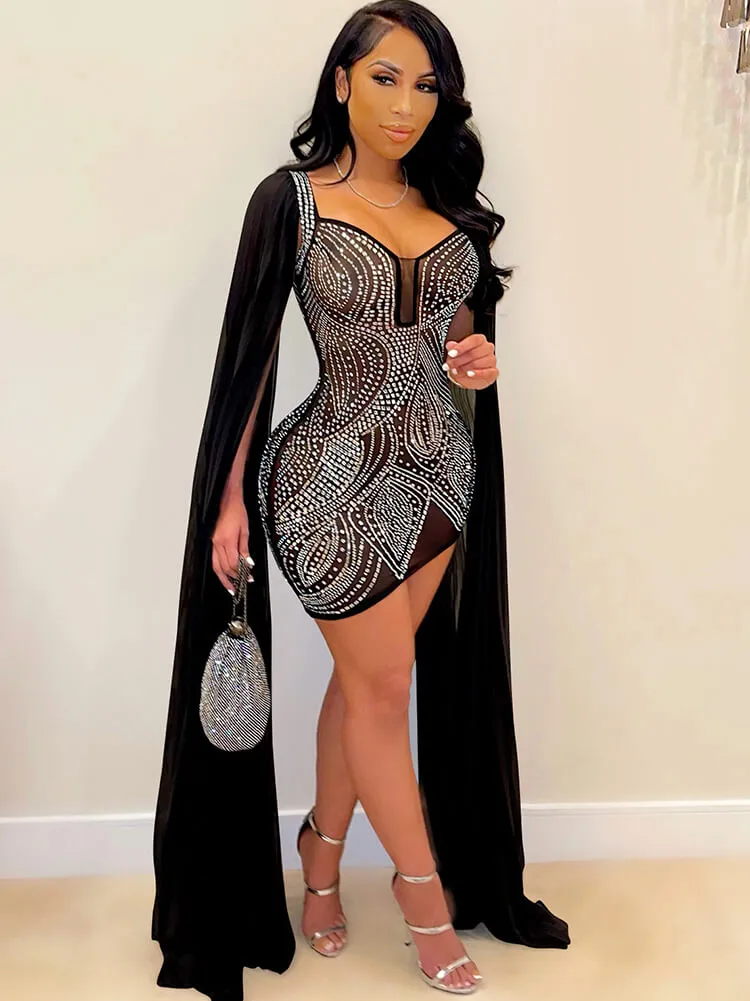 Rhinestone Mesh Cloak Sleeve Mini Dresses