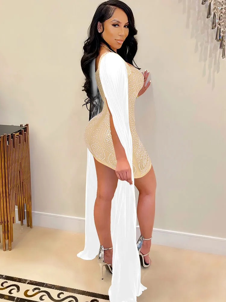 Rhinestone Mesh Cloak Sleeve Mini Dresses