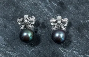 Ribbon Pearl Earrings - Black Pearl Earrings - Round Drop Earrings
