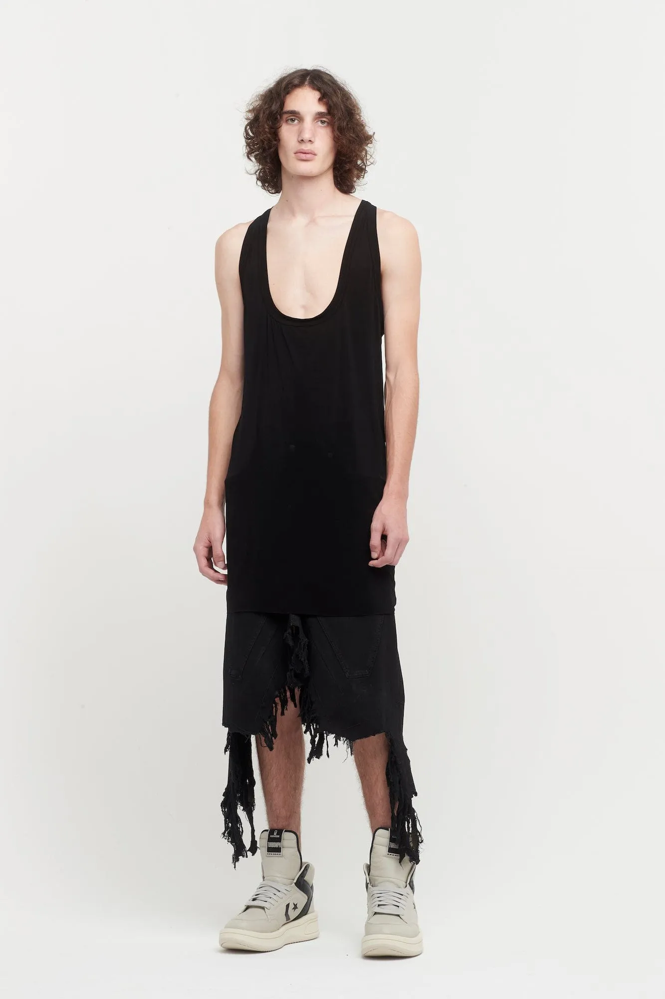 Rick Owens Slivered Mens Skirt in Black Shredded Denim