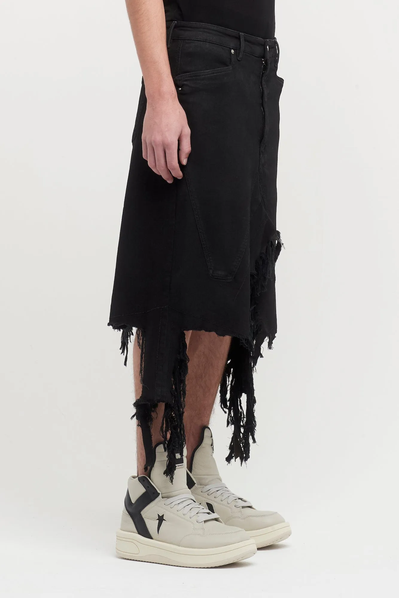 Rick Owens Slivered Mens Skirt in Black Shredded Denim