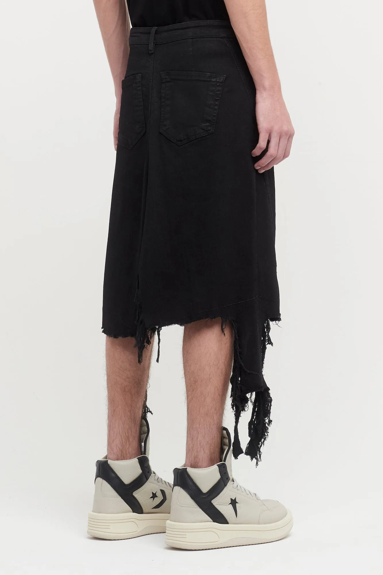 Rick Owens Slivered Mens Skirt in Black Shredded Denim