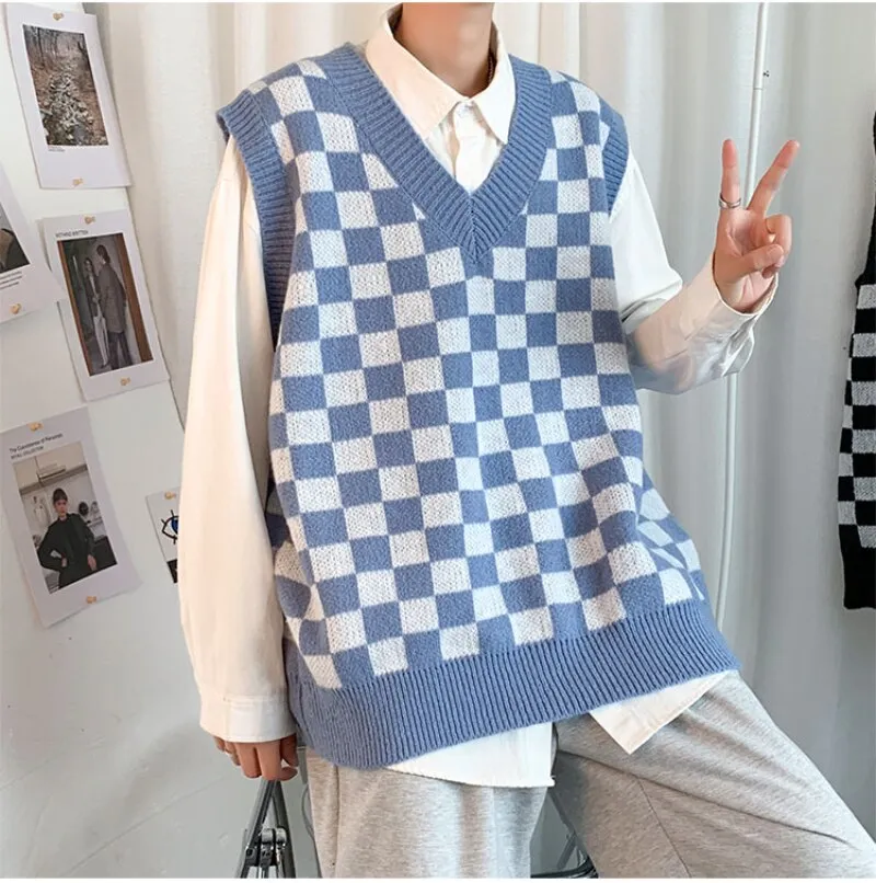 Riolio Men Knitted V Neck Japanese Vintage Loose Sleeveless Plaid Vests Chic Pullovers Chaleco Hombre Blue Checkerboard Sweater Vest