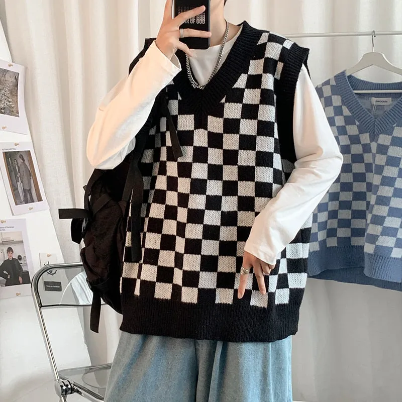 Riolio Men Knitted V Neck Japanese Vintage Loose Sleeveless Plaid Vests Chic Pullovers Chaleco Hombre Blue Checkerboard Sweater Vest