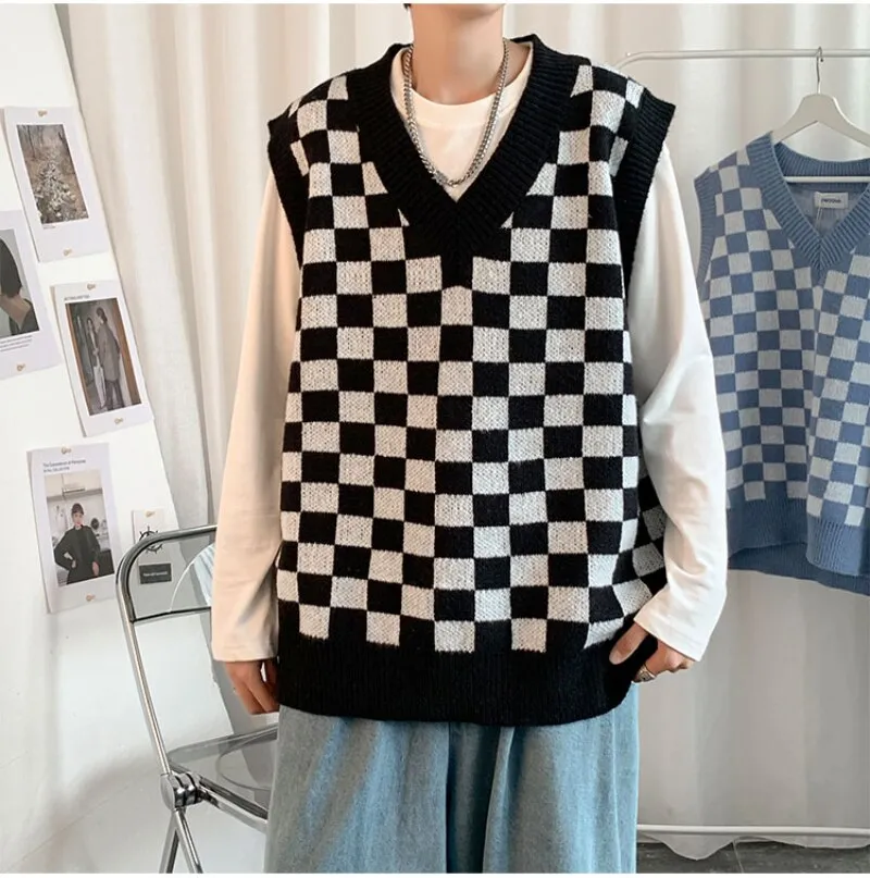 Riolio Men Knitted V Neck Japanese Vintage Loose Sleeveless Plaid Vests Chic Pullovers Chaleco Hombre Blue Checkerboard Sweater Vest