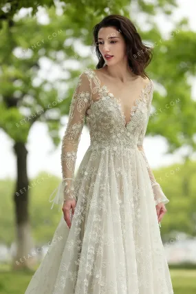Romantic Flowers & Butterflies Lace Beige Wedding Dress