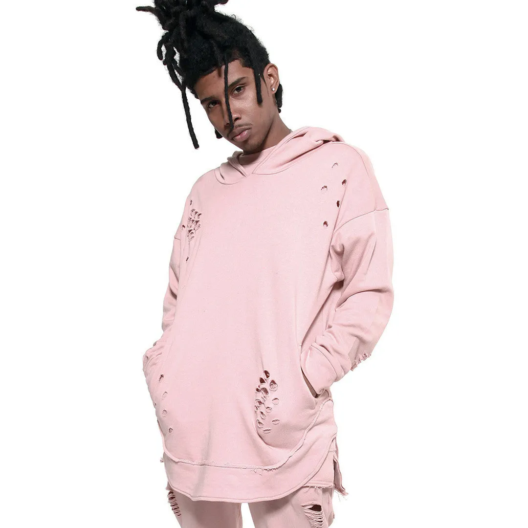 Rose Quartz Curved Hem Men Distressed Scoop Hoodie