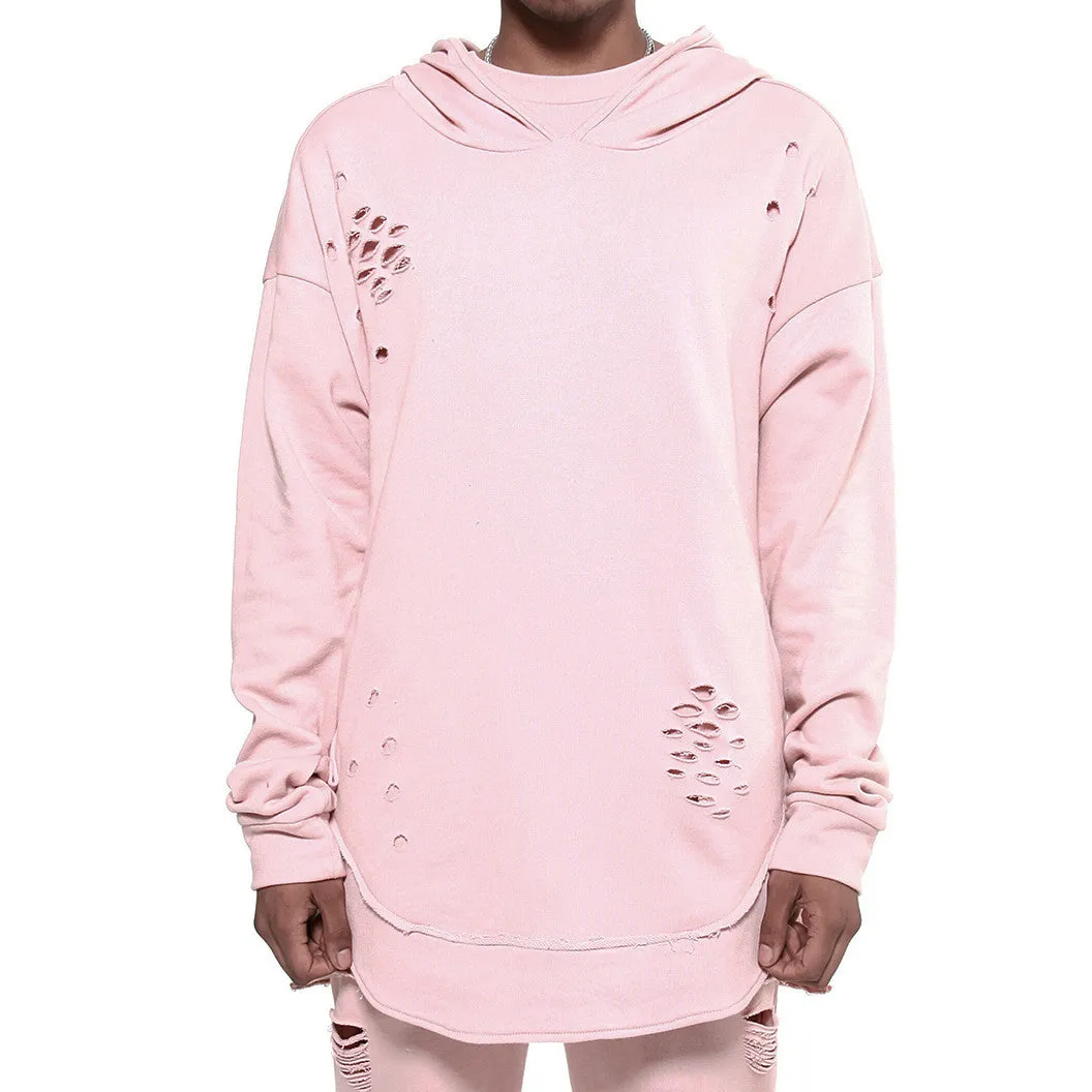 Rose Quartz Curved Hem Men Distressed Scoop Hoodie