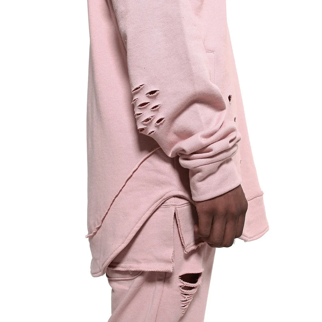 Rose Quartz Curved Hem Men Distressed Scoop Hoodie