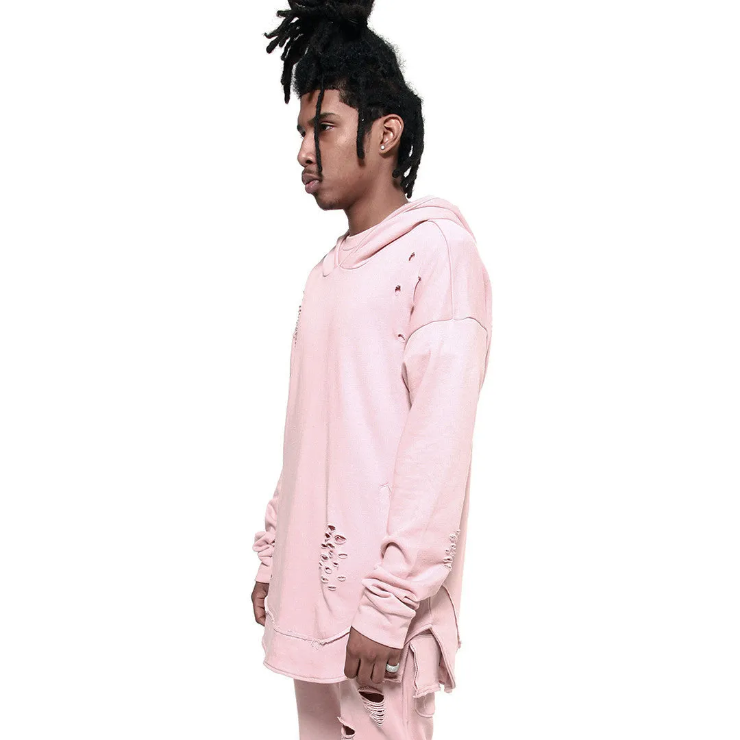 Rose Quartz Curved Hem Men Distressed Scoop Hoodie
