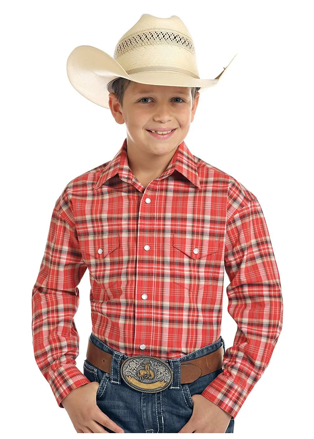 Rough Stock by Panhandle Linden Vintage Plaid Snap Shirt, Red