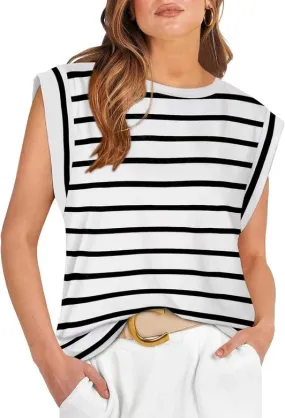Round Neck Cap Sleeve Cami Base Tank Top Loose Basic Vest stripe-W