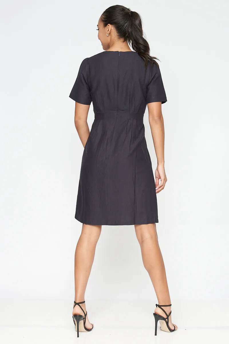 Round Neck Short Sleeve Solid Midi Dress With Zipper Back* (845-00635)