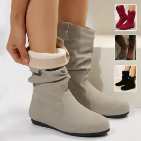 Round Toe Flat Boots Fashion Solid Color Suede