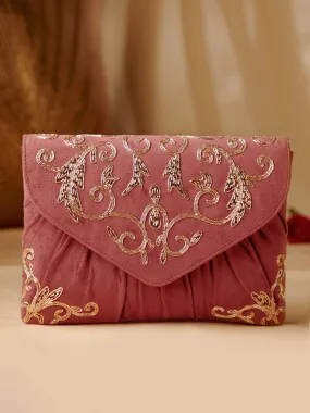 Rubans Dusky Pink Colour Handbag With Embroided Gold And Brown Design.