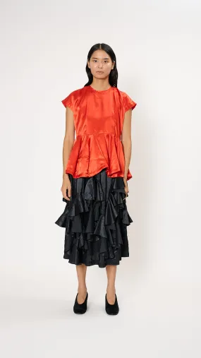 Ruffle Hem Satin Blouse in Scarlet