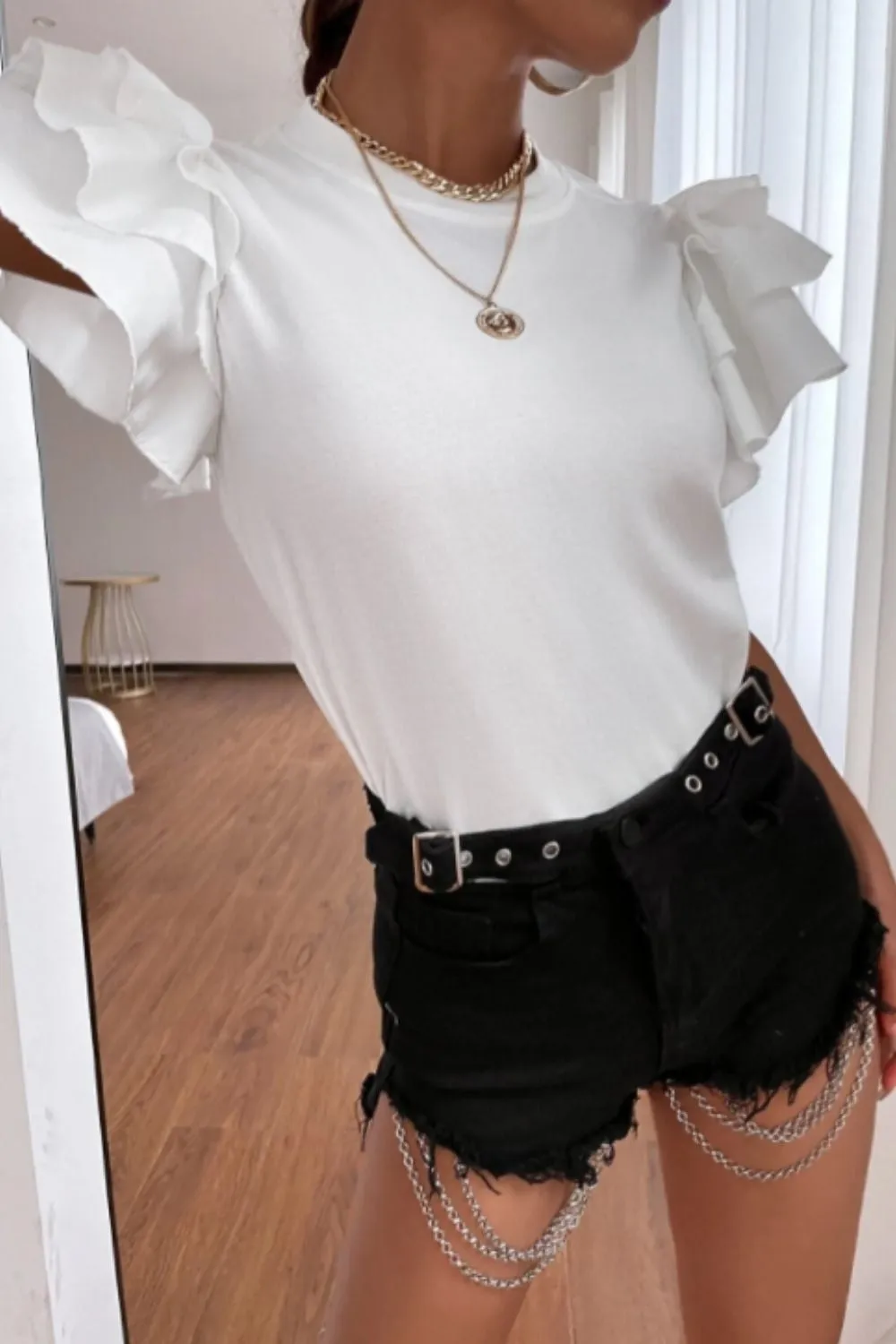 Ruffle Sleeve Mock Neck White Top