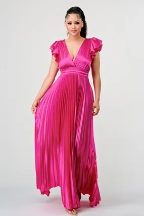 Ruffle Sleeve Pleated Satin Maxi Dress