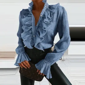 Ruffled Long Sleeve Button Shirt Blouse  – Elegant Office Wear