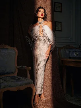 Russell Halterneck Rhinestone Feather Maxi Dress