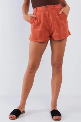 Rust High Waisted Plaid Relaxed Fit Mini Shorts /3-2-1