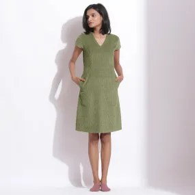 Sage Green Warm Cotton Corduroy Knee Length Shift Dress