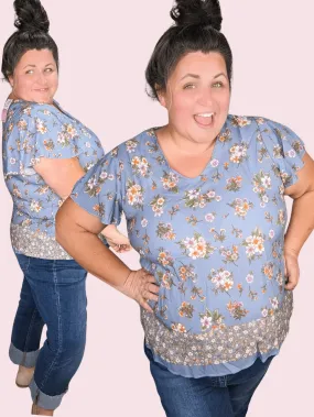 SALE- Frances Flutter Sleeve Vneck Top in Dusty Blue Florals