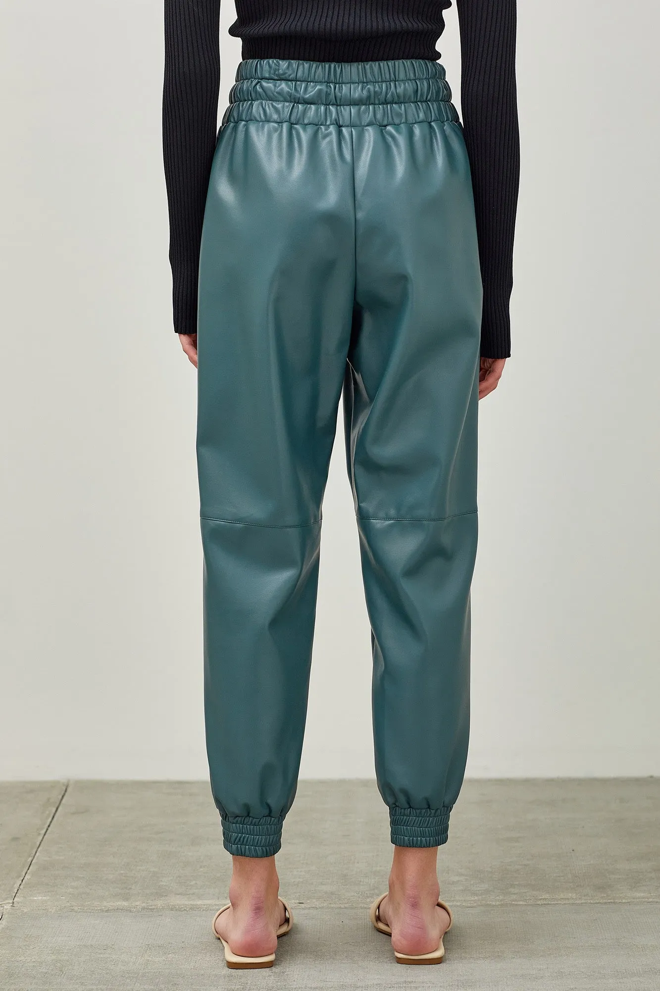 Sammy teal smocked waist pu pleather jogger pants