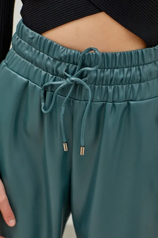 Sammy teal smocked waist pu pleather jogger pants