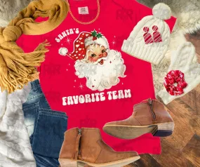 Santa's Favorite Team w/ white arrowheads in Santa Hat on Red Tee