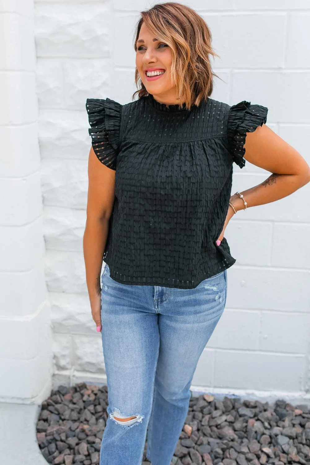 Sara Black Ruffled Hollowed Blouse