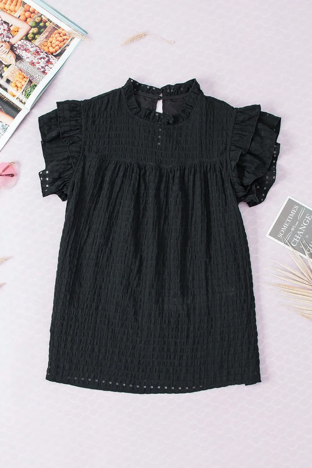 Sara Black Ruffled Hollowed Blouse