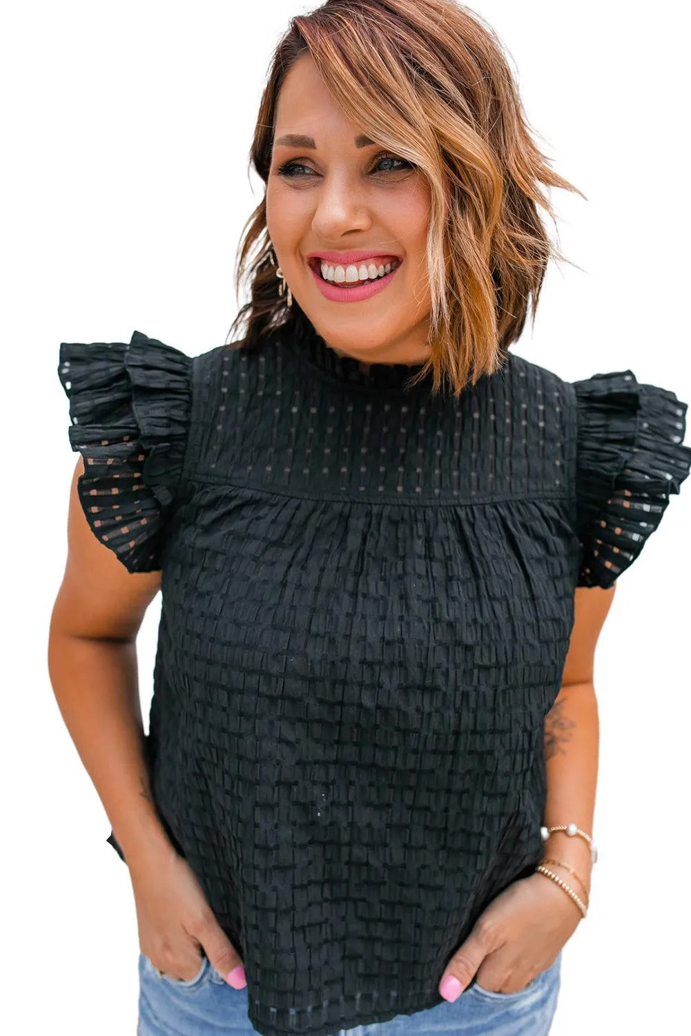 Sara Black Ruffled Hollowed Blouse