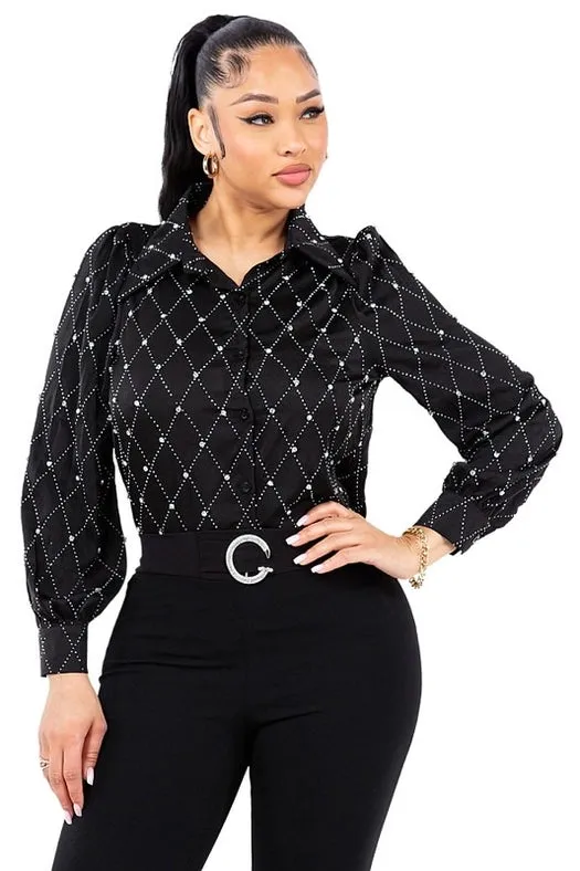 Satin & Rhinestone Button Down Collared Shirts Black