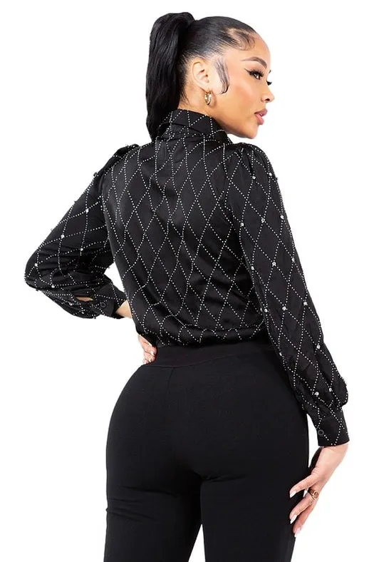 Satin & Rhinestone Button Down Collared Shirts Black