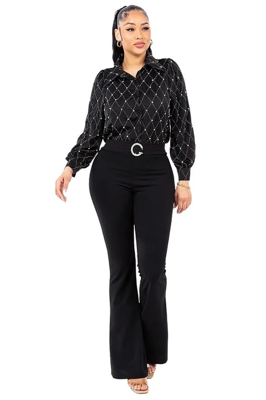 Satin & Rhinestone Button Down Collared Shirts Black
