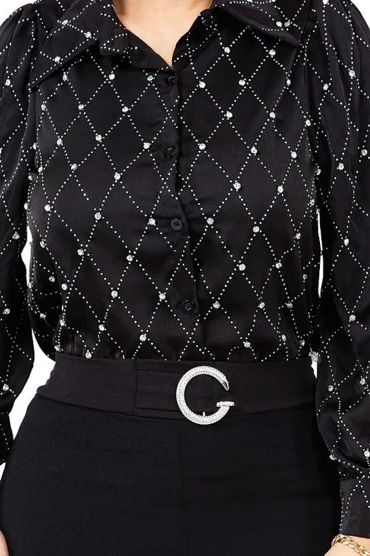 Satin & Rhinestone Button Down Collared Shirts Black