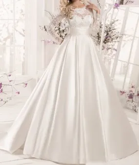 Satin and Lace Wedding Dresses Long Sleeves Floor Length Bridal Gowns