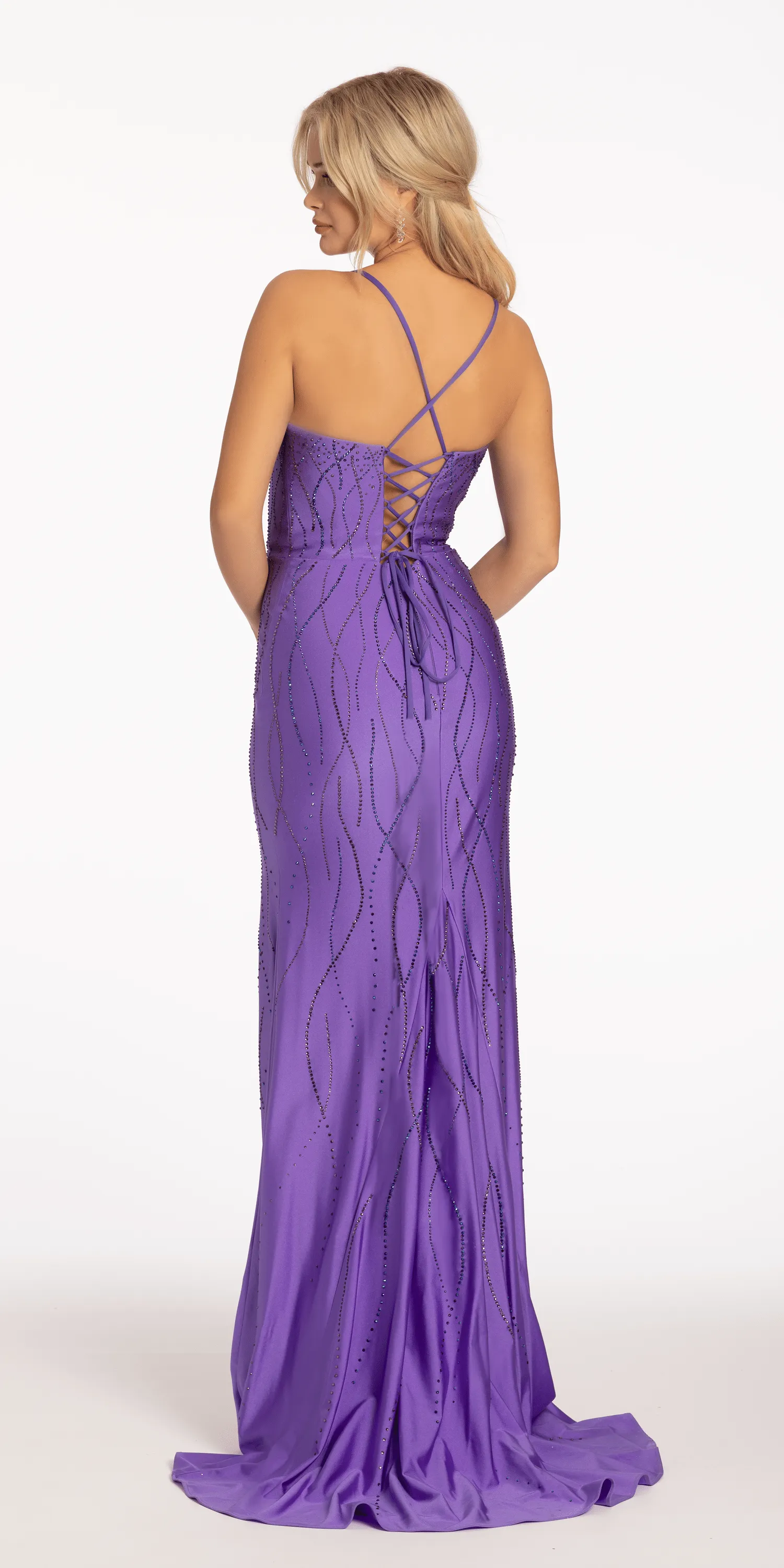 Satin Lycra Drizzle Beaded Lace Up Trumpet Dress