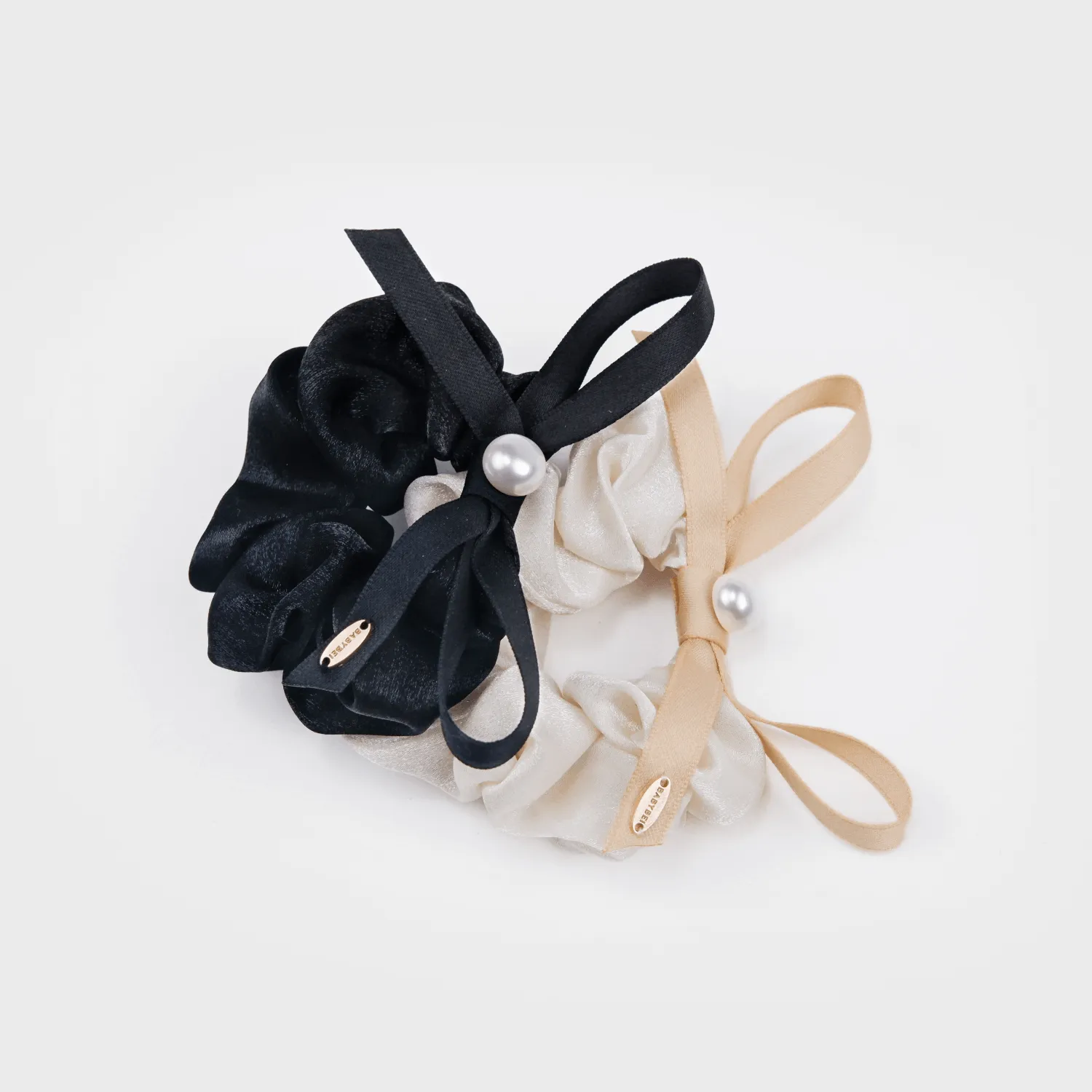Satin Pearl Medium Scrunchie (Bow & 1 Bead)