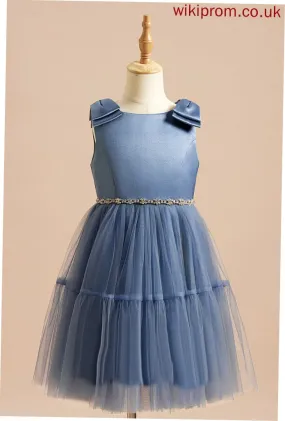 Satin/Tulle A-Line Madge Neck Dress Scoop Knee-length Beading/Bow(s) With Girl Flower Girl Dresses Sleeveless - Flower