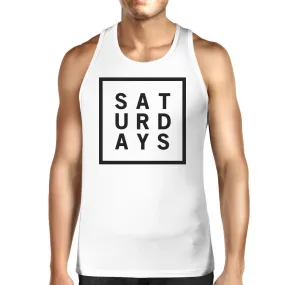 Saturdays Mens White  Sleeveless Tank Top Simple Typography Top