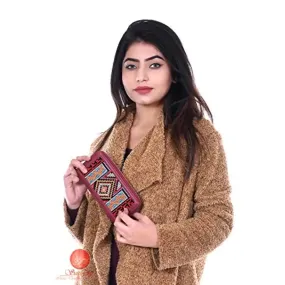 Saudeep India Hand Made Embroided Ikat Traditional Clutch Wallet Bag For Women (Pink)